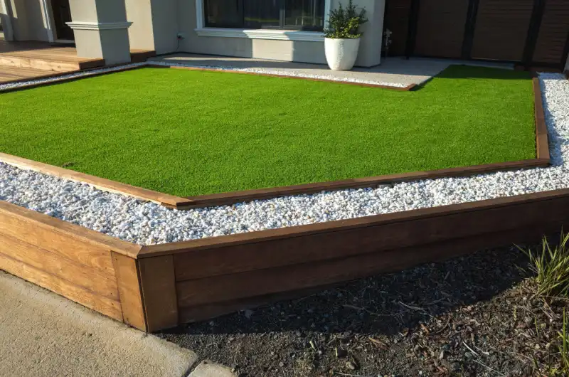 Small artificial turf lawn with rock-bed edge in front yard of home.