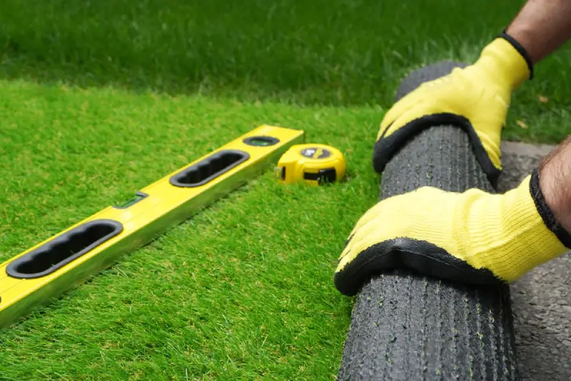 Landscaper installing artificial turf