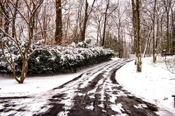 Driveway cleared of snow in the winter.