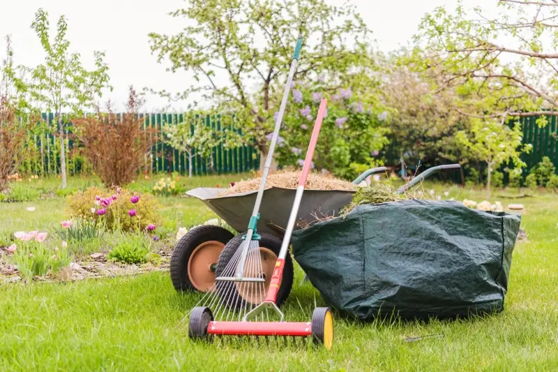 Lawn dethatching and aeration equipment on grass.