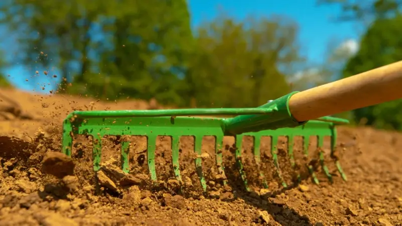 Rake in soil to level ground before sod installation.